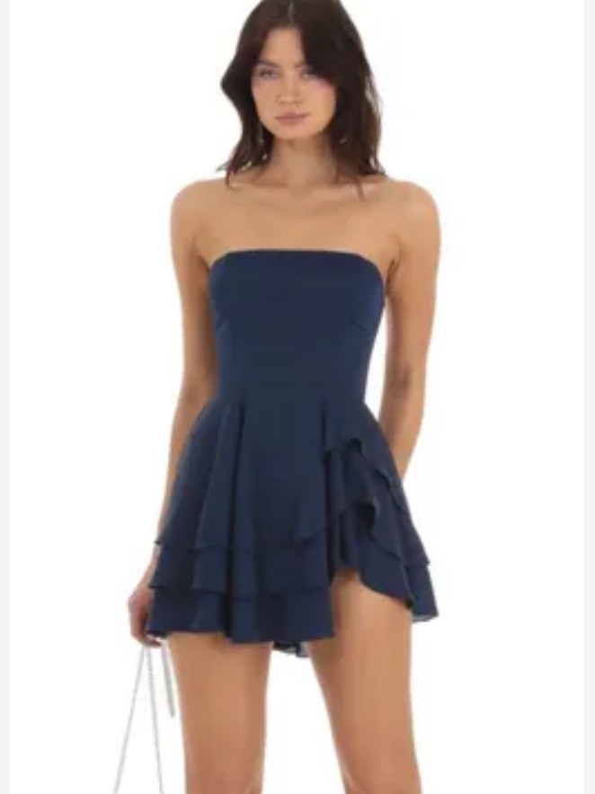 Lucy In The Sky Navy Strapless Bow Back Tiered Mini Dress Xxs